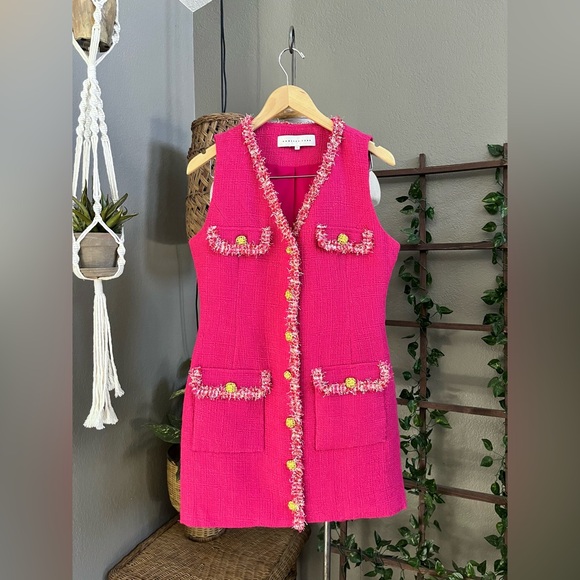 Endless Rose Tweed Trim Button Down Sleeveless Mini Dress Double Breasted L - Picture 10 of 16